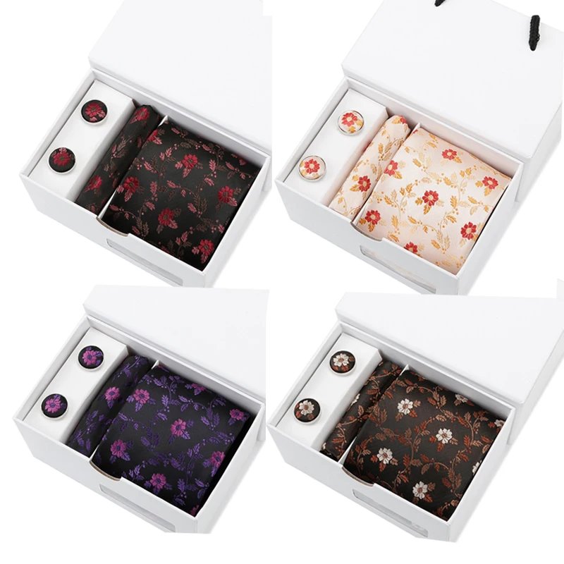 

Fashion Mens Necktie Gift Box Set Floral Jacquard Neck Ties For Men Tie Handkerchief Cufflinks Set Wedding Business Shirt Tie
