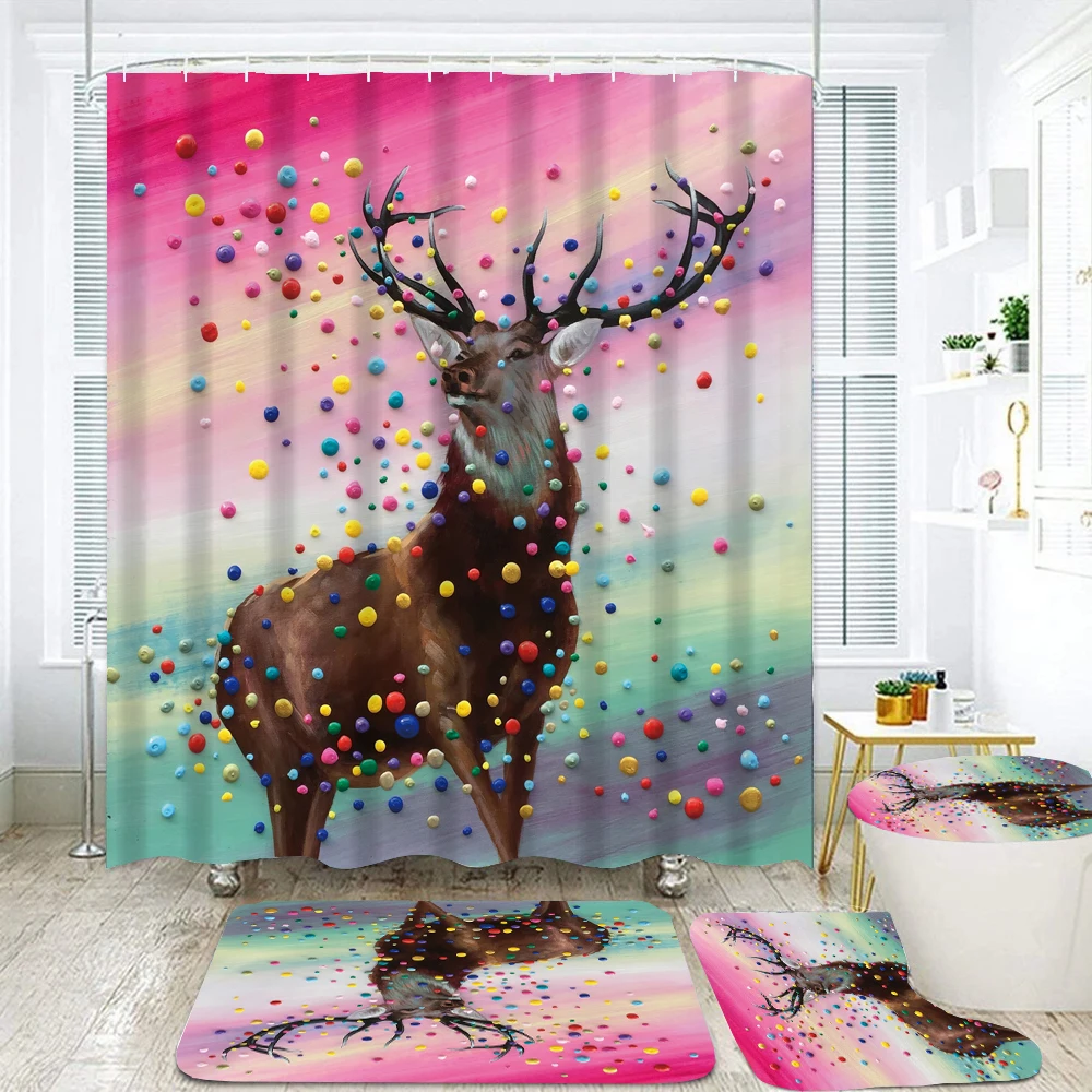 

Christmas 3D Printing Waterproof Shower Curtain with Non-Slip Rugs Toilet Cover Bath Mat Reindeer Shower Curtain Bathroom Decor