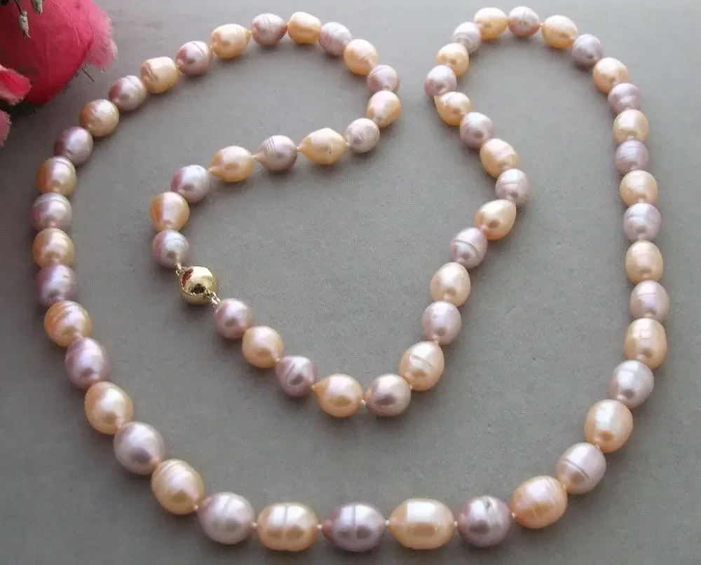 

NEW Real Natural Rice Pink purple Cultured Freshwater Pearl 8-9MM Necklace 30"