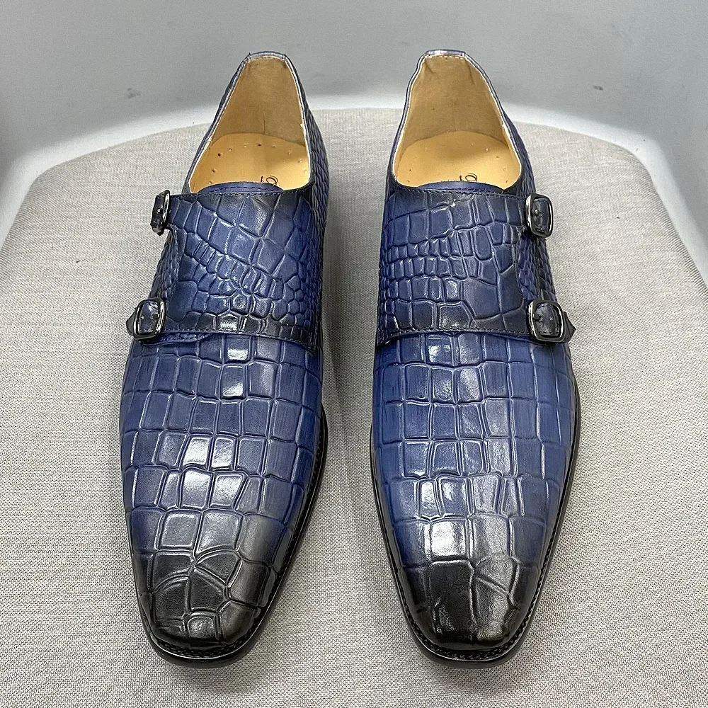 Men's Big Size 12 Monk Strap Dress Shoes-Genuine Leather Luxury Crocodile Print Double Buckle Pointed Toe Wedding Shoes