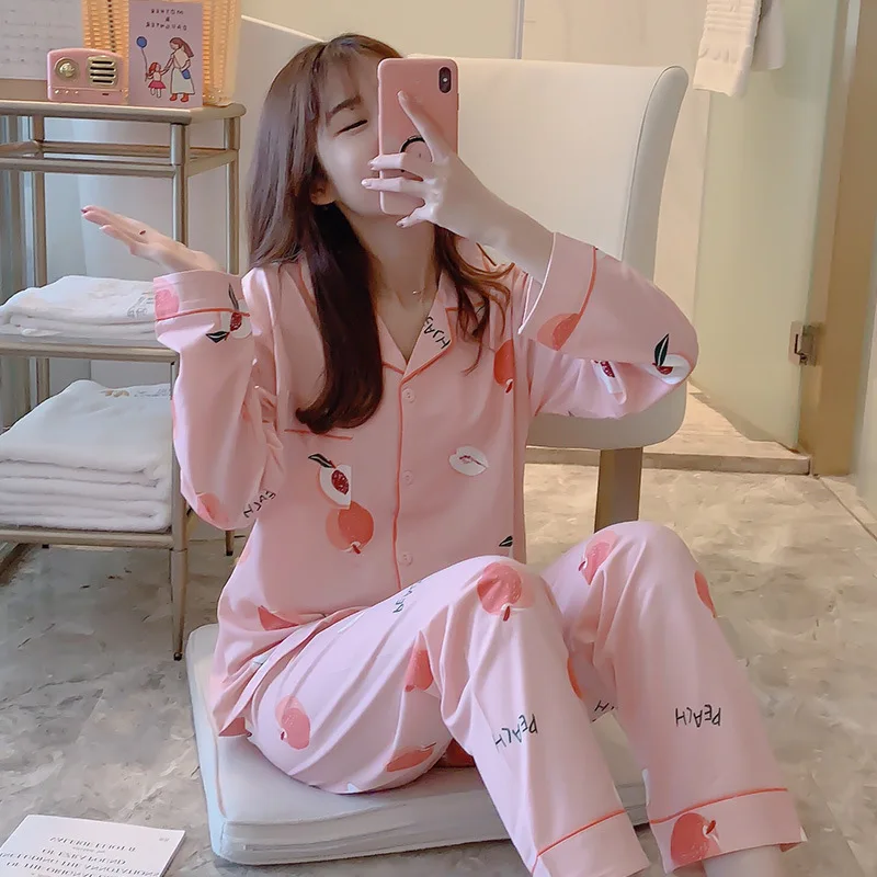 Women Two Pieces Spring and Summer Cardigan Pajamas Long-Sleeved Pants Ladies Cartoon Cute Floral Casual Simple Homewear 5