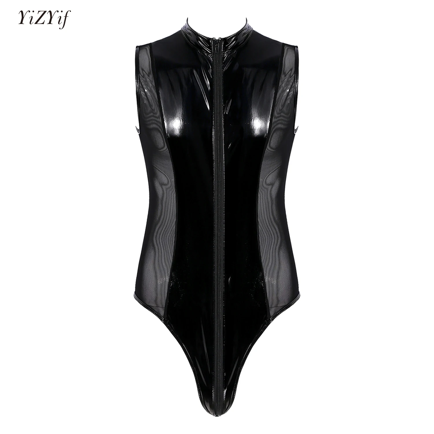 

Men Latex Catsuit Patent Leather Sheer Mesh Splice Bodysuit Lingerie Sleeveless Double Zipper High Cut Thong Leotard Clubwear