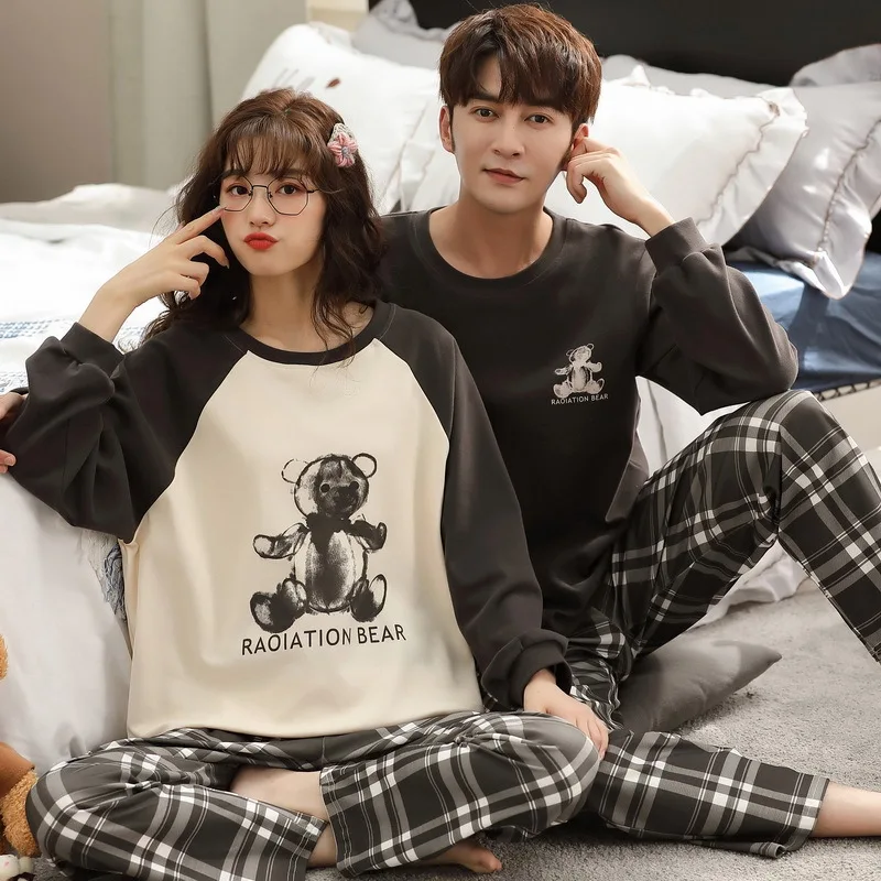 Trendyol Cartoon Bear Print Sleepwear Plaid Pants Pajamas for Men 100% Cotton Spring Autumn Couples Casual Breathable Pajama Set