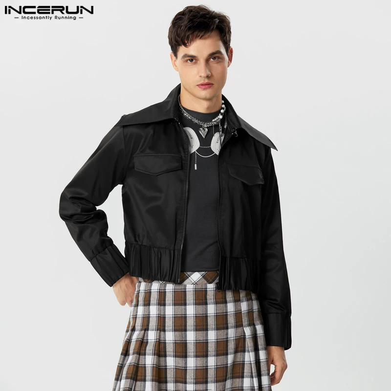 

INCERUN Tops 2023 American Style New Mens Lapel Zipper Detachable Design Jackets Leisure Cropped Solid Color Jackets Coats S-5XL