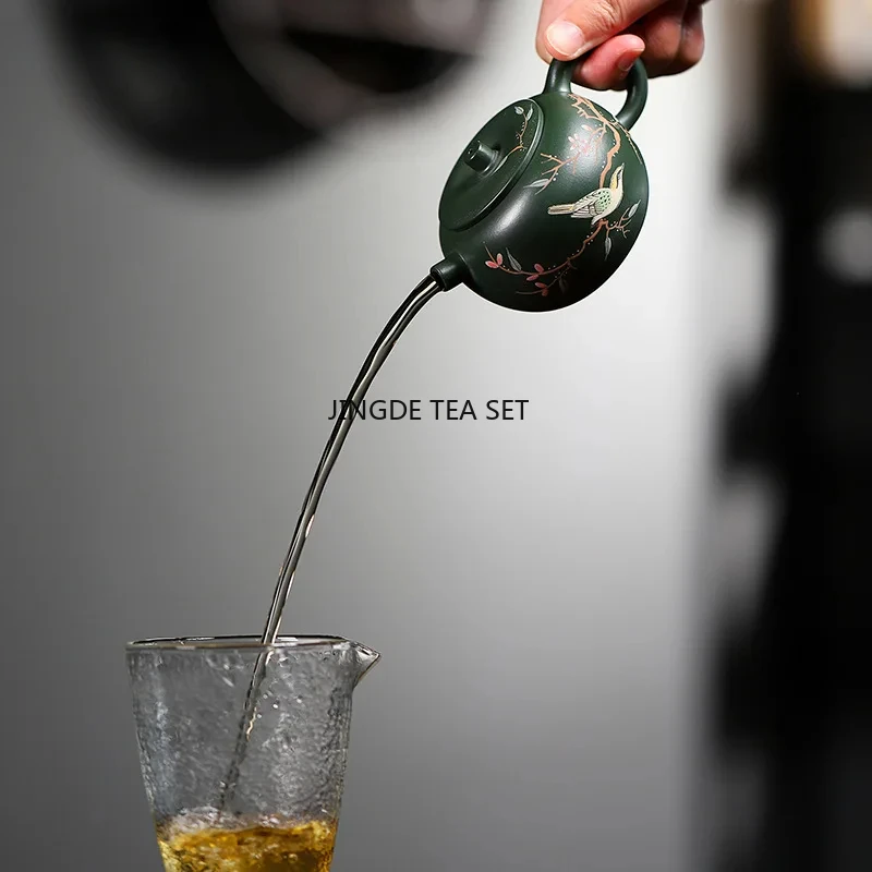 140ml Yixing purple clay teapot handmade flower and bird pot raw mineral green clay Chinese Kung Fu tea set