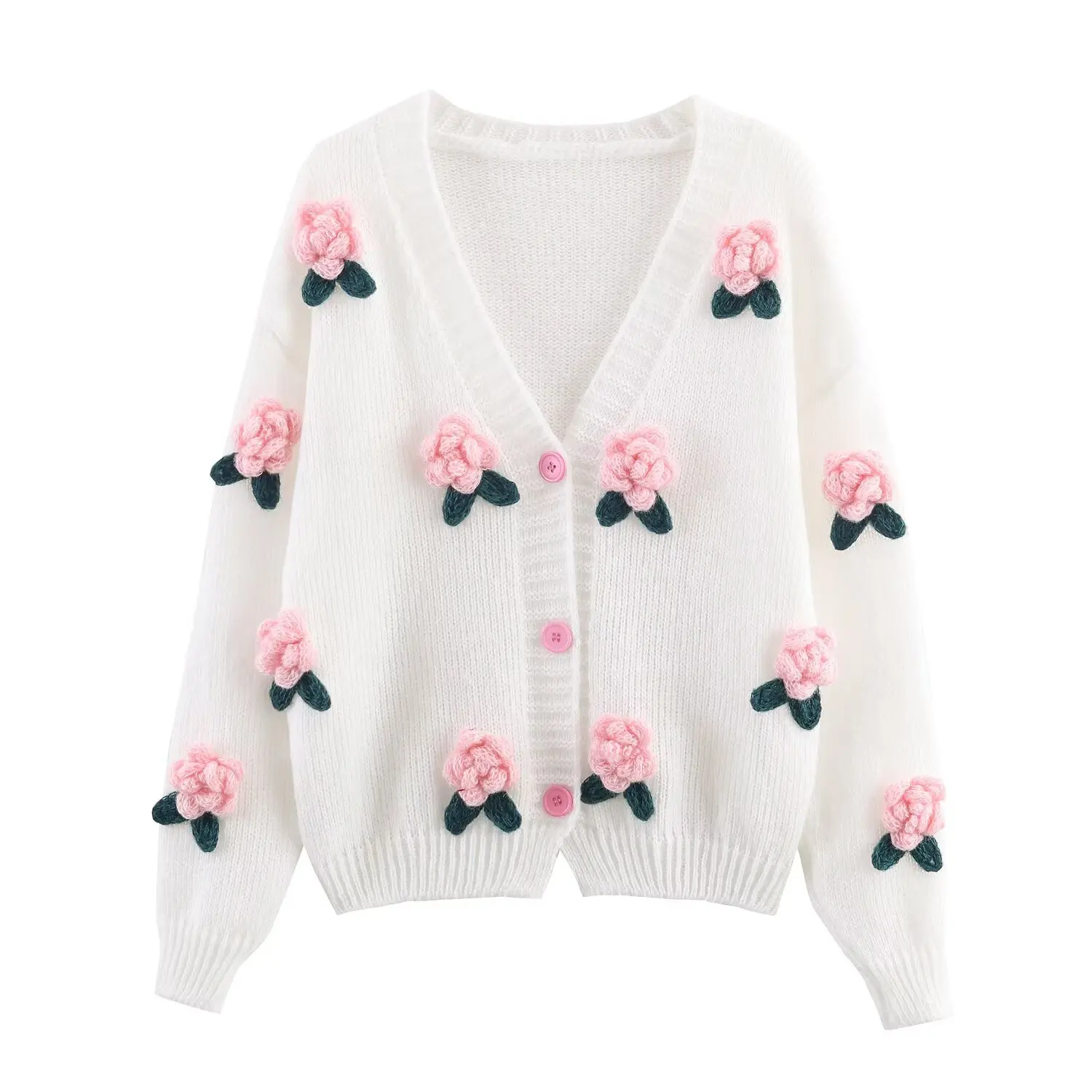 Women Korean Style Autumn Winter Knitted Cardigan Female V-Neck Flower Decoration Long Sleeved Cute Sweater Jacket Streetwear