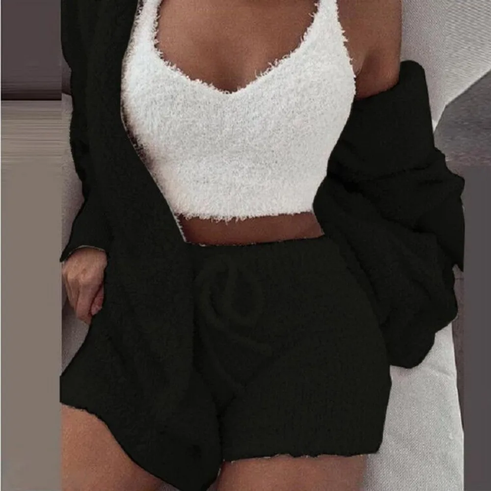 Women'S Pajamas Sets Autumn Winter Fluffy Sleepwear Plush Robe Sets 3 Piece Shorts Set  Women Loungewear Hoodie Pijamas Sets