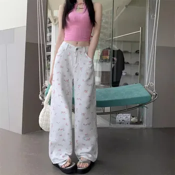 Casual Loose Women's Jeans Graffiti Streetwear Summer Long Trousers Draping Hip Hop Style Versatile Loose Fit Straight Leg Pants