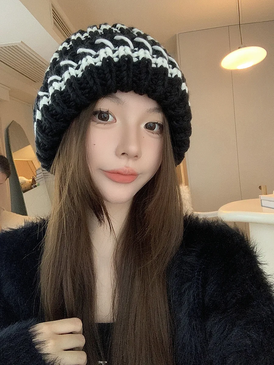 Gebreide beanie muts dames gestreept dik winter warm retro stijl_voghion.com