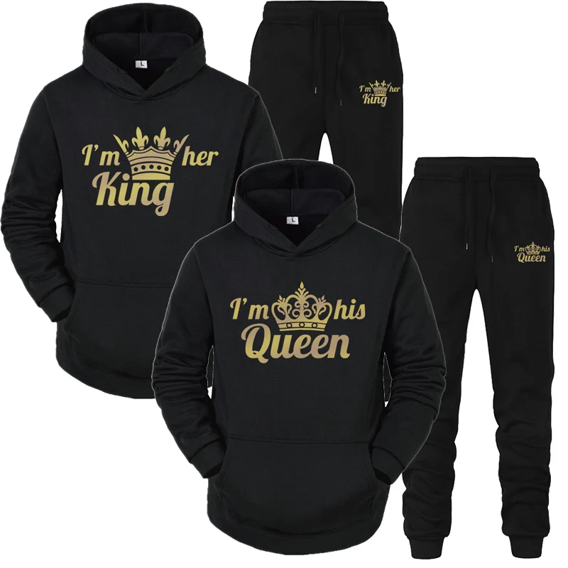 Lover Tracksuit King or Queen Pirnted Hooded Sweatshirts and Jogger Pants 2Pieces Set Classic Fashion Casual Couple Sportswear