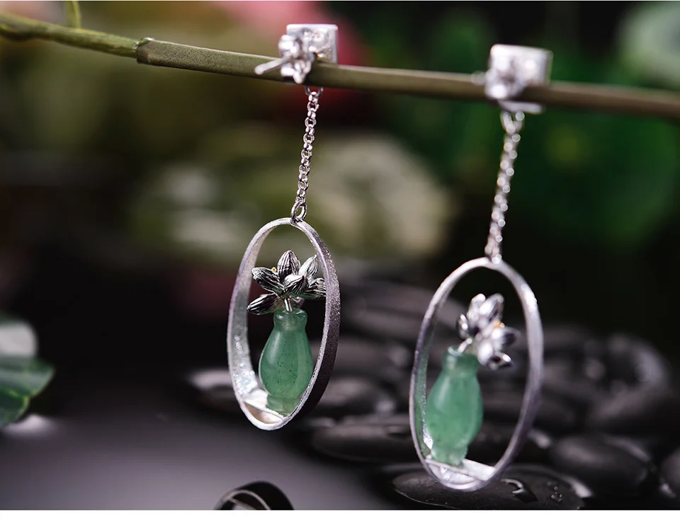 Silver Handmade Natural Stone Flower With Vase Drop Earrings