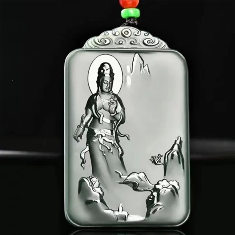

Jia Le/ 100% Natural Hetian Cyan Jade Landscape Guanyin Necklace Pendant Fashion Personalized Men and Women Couples Amulet Gift