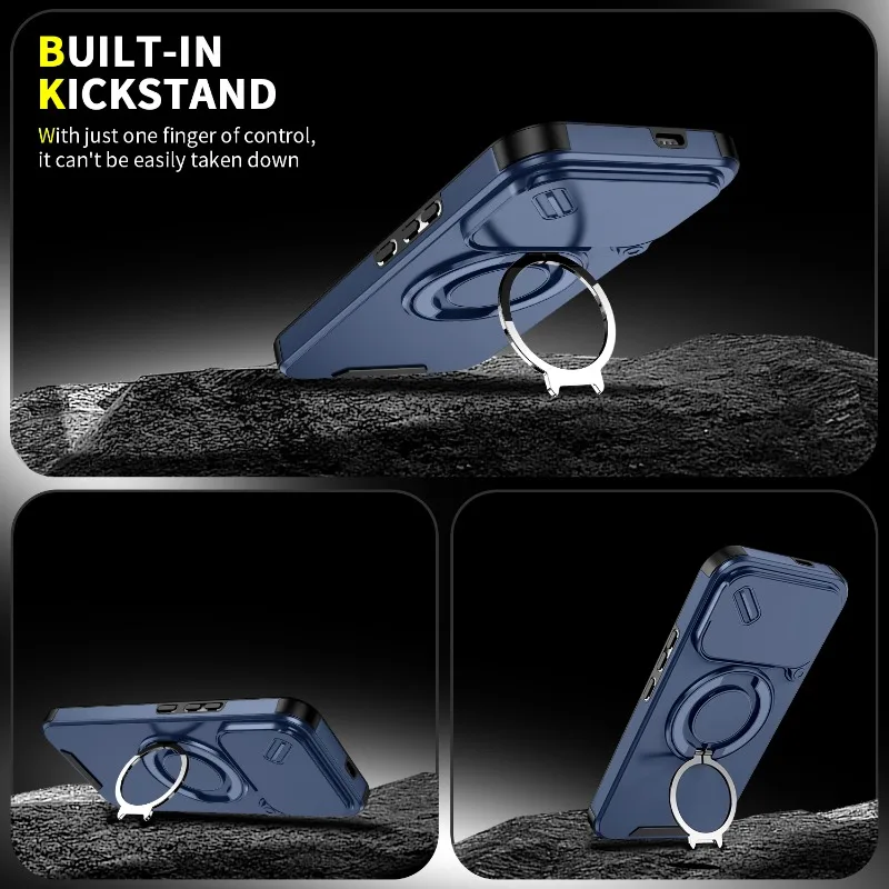 Enhanced Shockproof Hybrid Magnetic Ring Stand Phone Case with Slide Lens Armor Hard Cover