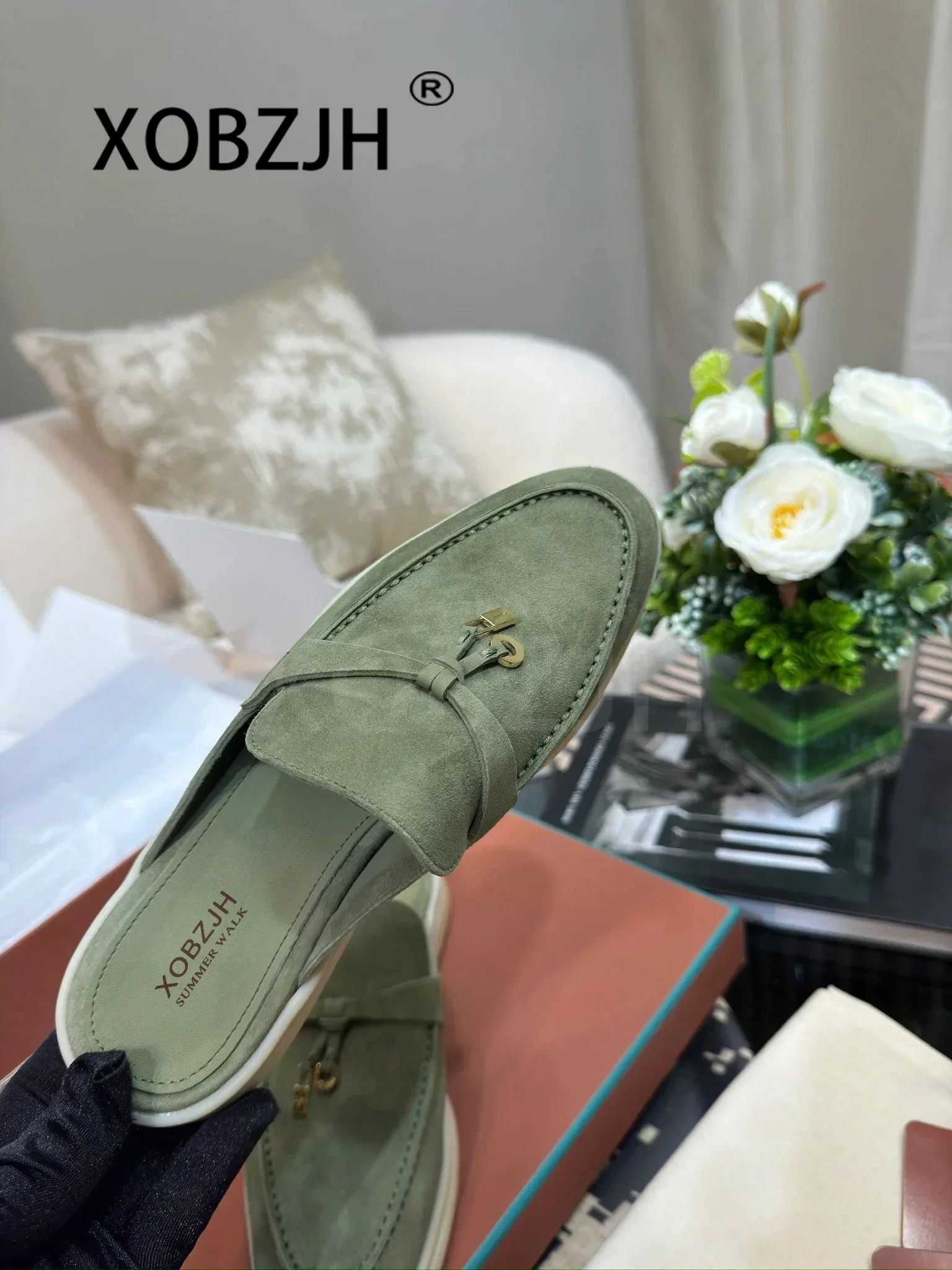 Loafers Shoes for Women Summer Walk Slippers High Quality Comfortable Classic Leather and Fabric Feel Sandals Men