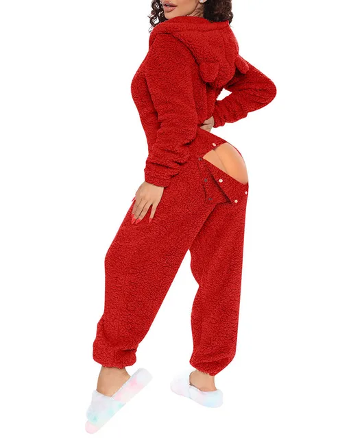 2025 New Sexy Onesies for Women Plush Hooded Bum Open Ass Flap Jumpsuit Thicken Pajamas Solid Long-Sleeve Zipper Sleepwear 6