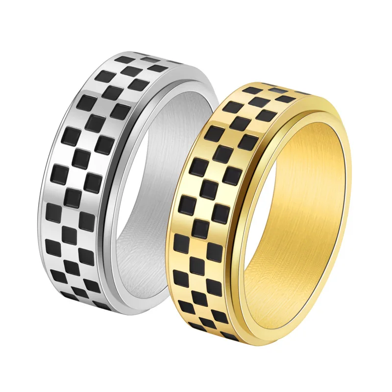 Checkered Gold-Plated Spinner Ring - Stylish Anxiety & Stress Relief Jewelry Gift