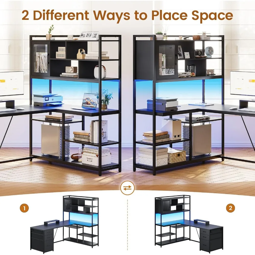 L Shaped Computer Desk, 58'' Office Desk with 3 Drawers and Bookshelf, L Shaped Corner Desk with Storage Shelves and LED Light 3