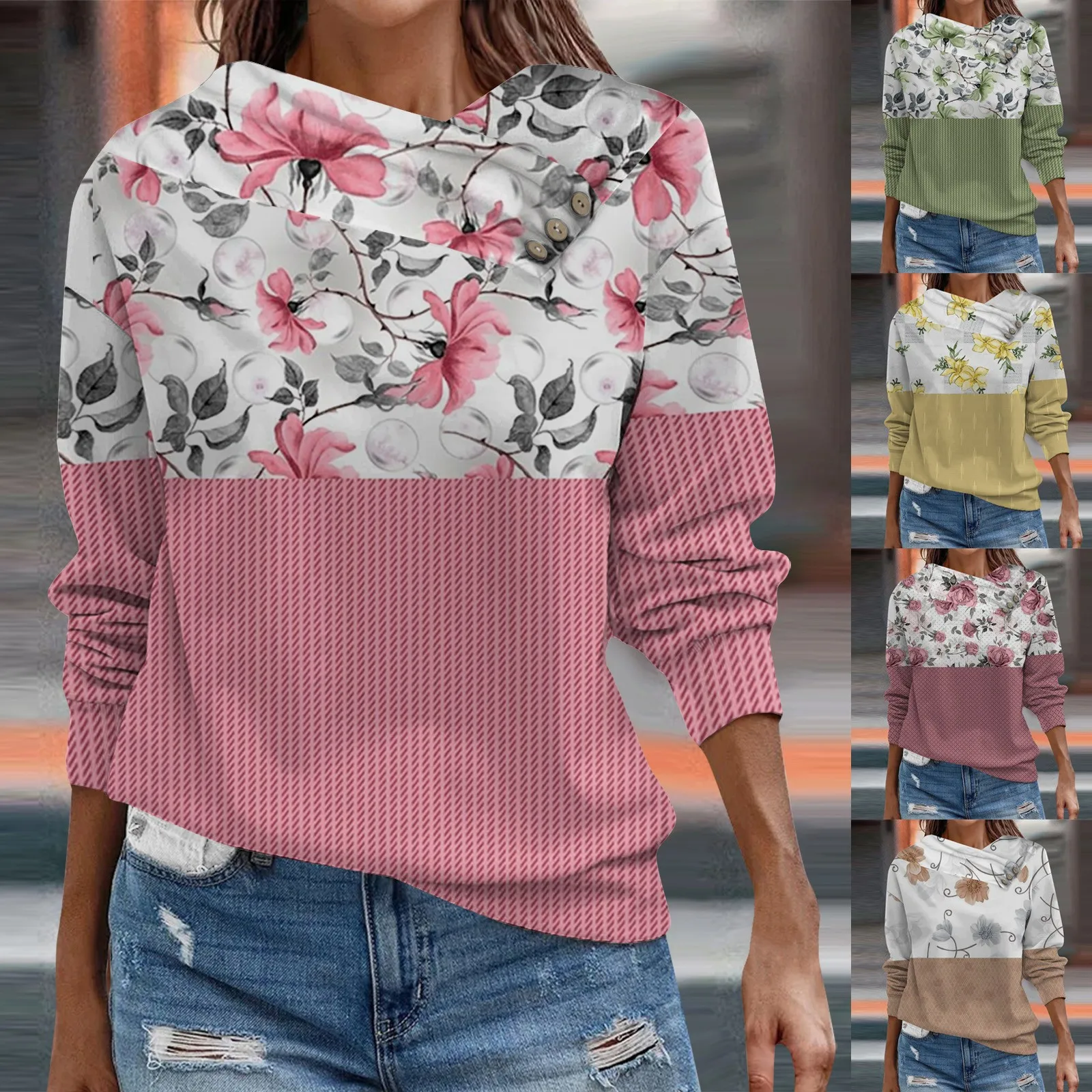 

Женские толстовки большого размера, Осень-зима, флисовый Повседневный свитшот с длинным рукавом и цветочным принтом, с воротником и пуговицами