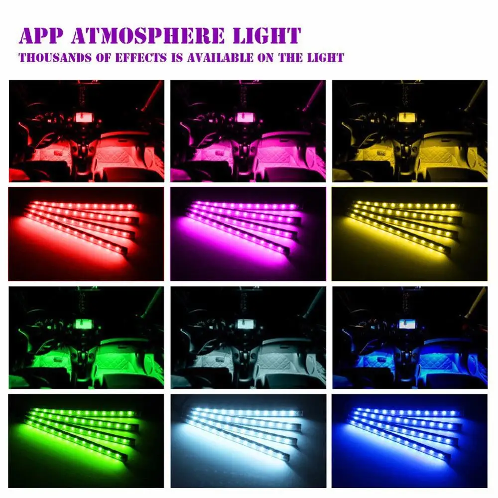 4 Pcs 9/18LED Interior Car Bluetooth APP Remote Control Light Music Voice Control Auto LED Lighting Strip LED Light RGB Tape