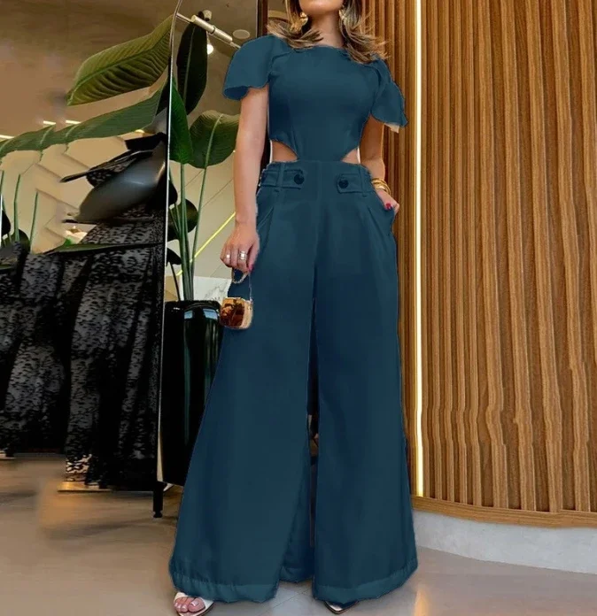 Fashion Women's Bodysuit Hollow Pocket Button Decoration Casual Pants Unique Waist Wide Leg Long Jumpsuit Women 2024