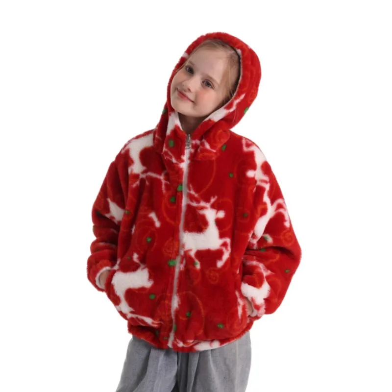 Winter Warm Fleece Faux Fur Flannel Hoodie Coat for Kids Children Super Warm Top Clothing Plush Fleece