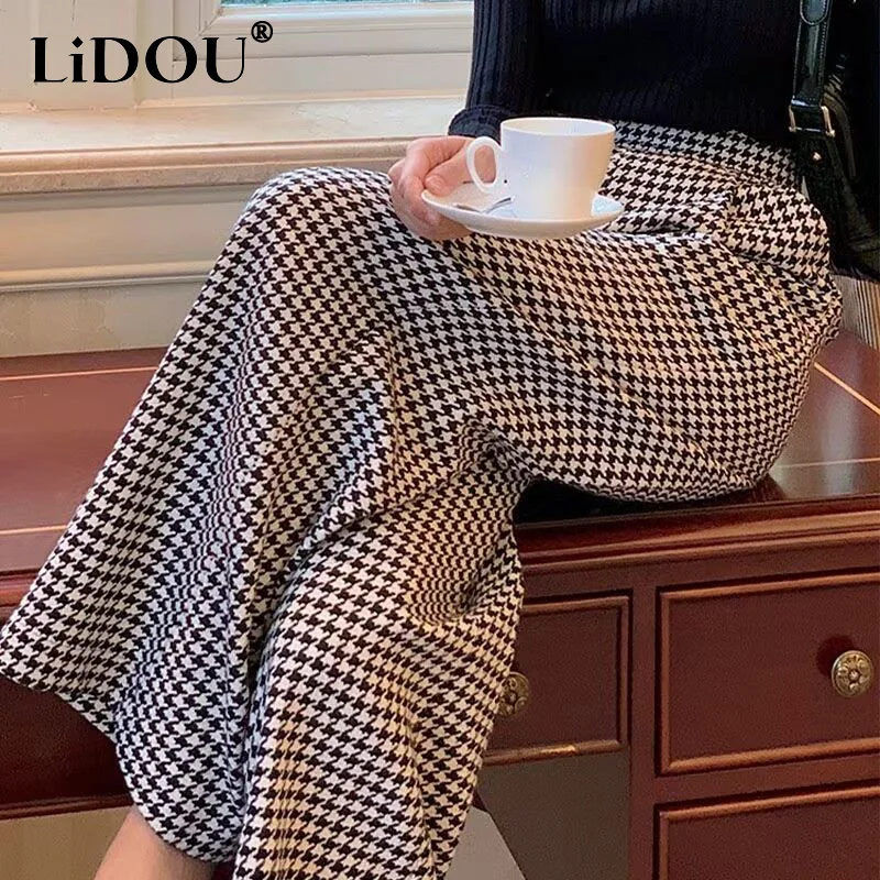 

Autumn Winter Fashion Casual Houndstooth Loose Wide Leg Trousers Women Vintage Elegant Y2K Female Long Pants Streetwear Clothes
