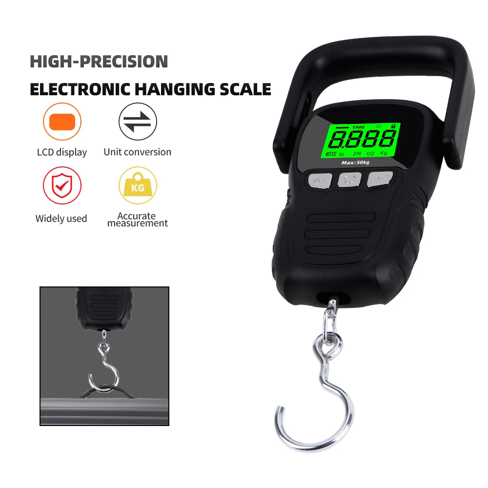 

Портативные весы с подвесным крючком, максимальный вес 50 кг, Подсветка ЖК-дисплея, для рыбалки, путешествий, максимальный вес кг, унция, температура
