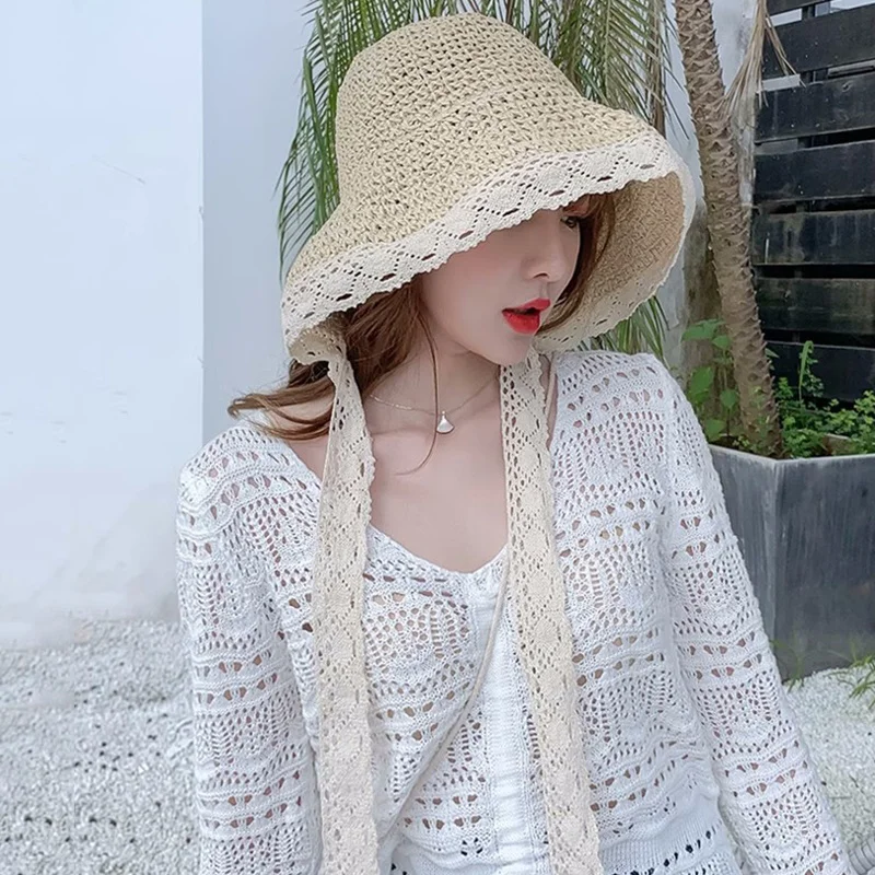 Summer Foldable Hollow Beach Bucket Hat Lace Sun Hats for Women Wide Brim Holiday Side Cap Panama Floppy Female Straw Hat 2
