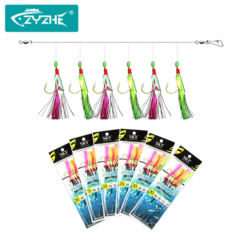 ZYZHE 1 Stück Angel-Sabiki-Rig Fischhaut-Haken 12 # 14 # 16 # 18 # 20 # 22 # 1 Set 6 Haken mit Leuchtkugel und Widerhaken