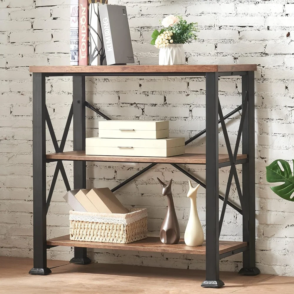 Hombazaar 3-Tier Bookshelf, Rustic Industrial Style Bookcase Furniture, Free Standing Storage Shelves for Living Room Bedroom