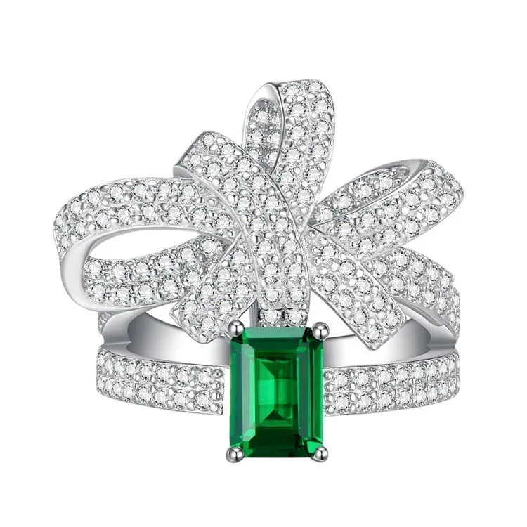 

European and American Fashion Style Bow Ring 925 Silver Girl Emerald 5 * 7 Personalized Design Sense New Style