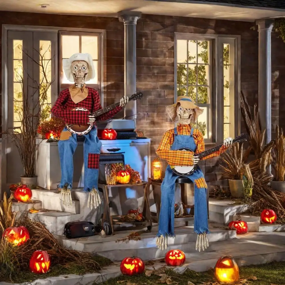 40cm Halloween Animated Banjo Skeletons Fall Country Musician Playing Banjo Figurine For Thanksgiving Autumn Harvest Decor