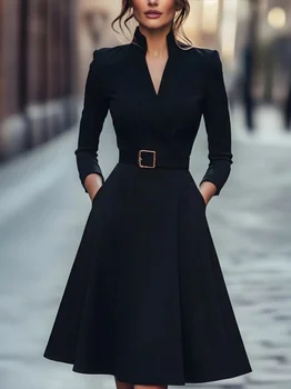 Women's Autumn Winter V-Neck Long Sleeve A-Line Skirt Slimming Waist Belted Medium-Length Commuter Fashion 1