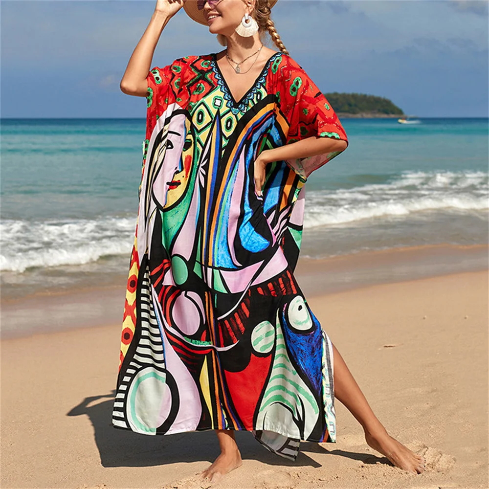 bikini cover up 2022 Long Kaftan Bohemian Printed Bikini Cover-Ups Sexy V-Neck Half Sleeve Maxi Dress Tunic Women Beach Wear Swim Suit Cover Up bathing suit skirt cover up Cover-Ups