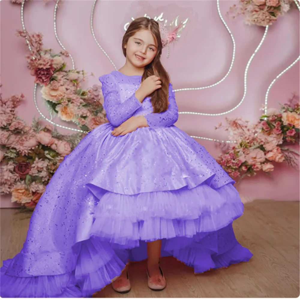 

Shining Elegant Flower Girl Dress Sequin O-neck Tulle With Bow For Wedding Puffy Princess First Communion Ball Gown