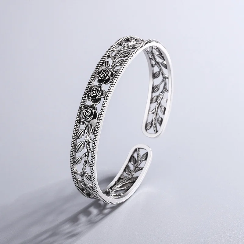 New Retro Rose Leaf Hollow Bracelets 925 Sterling Silver Jewelry Temperament Personality Sweet Flower Opening Bangles TYB119