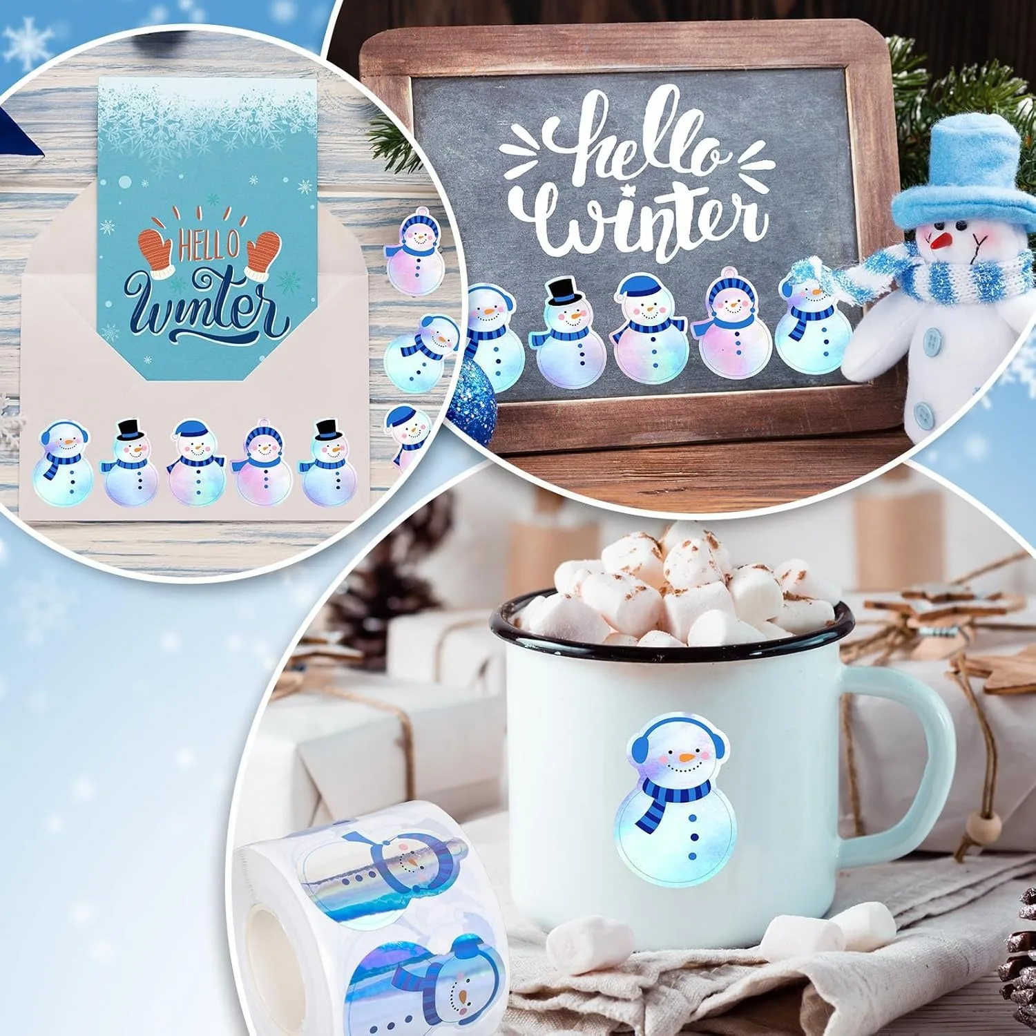 500Pcs Winter Snowman Stickers Roll Holographic Laser Stickers Xmas Cartoon Decals for Kids Envelope Journal Decor Party Supply