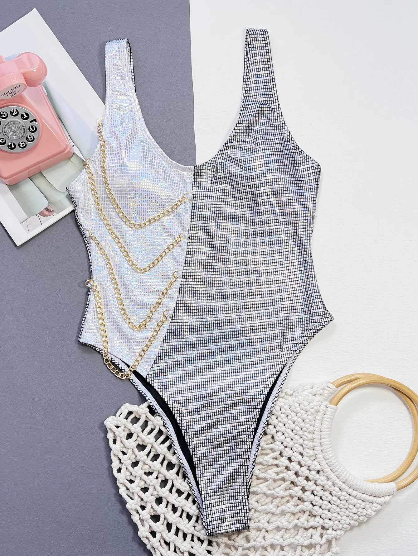 SKMY 2023 Summer New Beach Night Club Outfits Clothes For Women Bodysuit Bikini Chain Patchwork Sleeveless Swimwear One Pieces