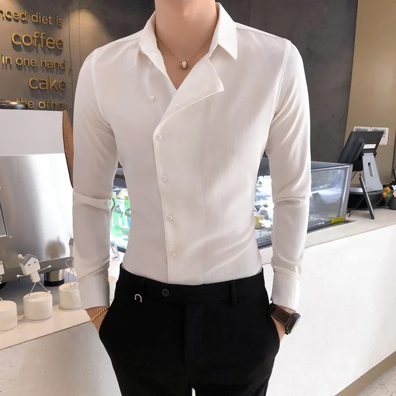 

Men British Business Formal Social Long-sleeved Shirts Solid Color Homme Casual Slim Side Front Personality Party Banquet Blouse