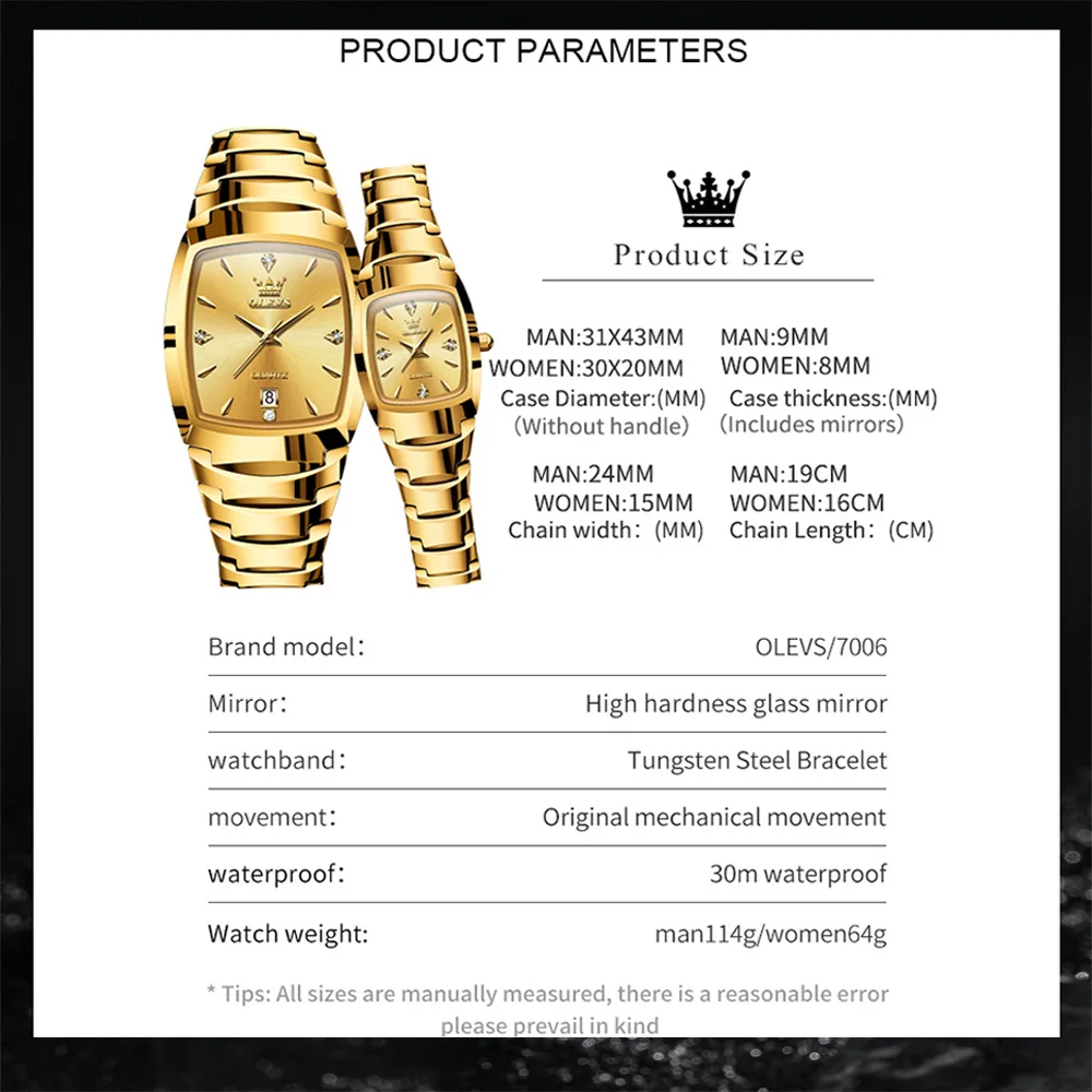 OLEVS Couple Watches for Men and Women Luxury Golden Tungsten Steel Wrist Watch Waterproof Date Couple Watches relojes de pareja
