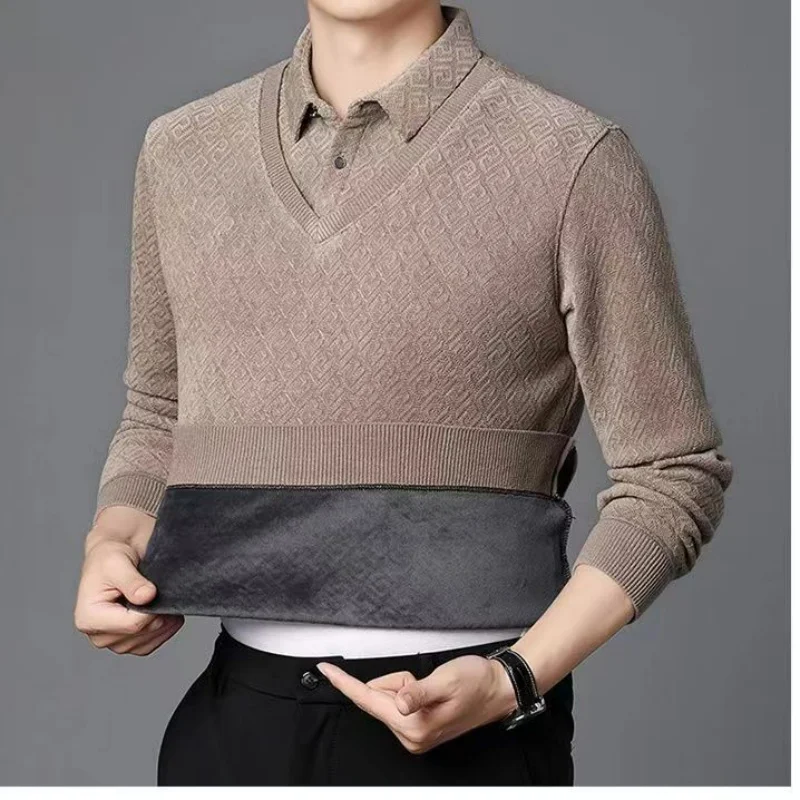 Korean Winter Chenille Fake Two Piece Polo Neck Sweater Middle Aged Men's Solid Fleece Thickened Button Patchwork Knit Warm Top