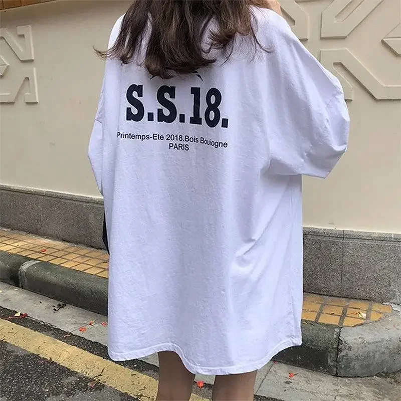 

Футболка женская оверсайз с коротким рукавом и надписью, Модный повседневный Длинный топ, уличная одежда, белый и синий цвета, на лето