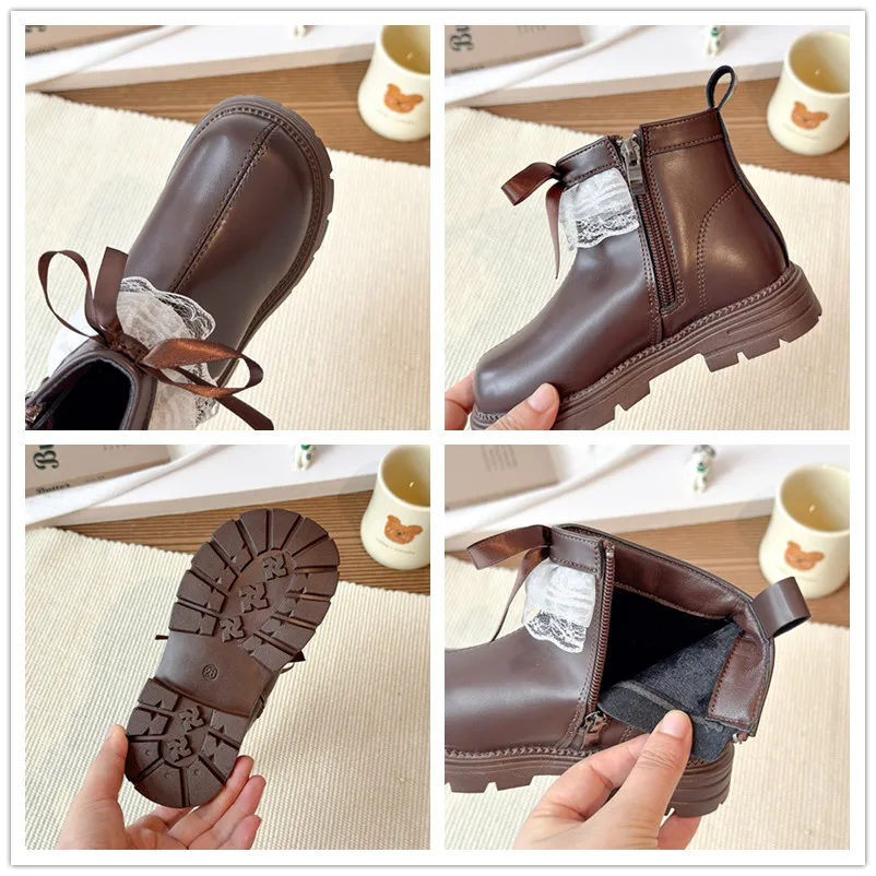 Girls Fleece Leather Ankle Boots with Lace Bow for Winter