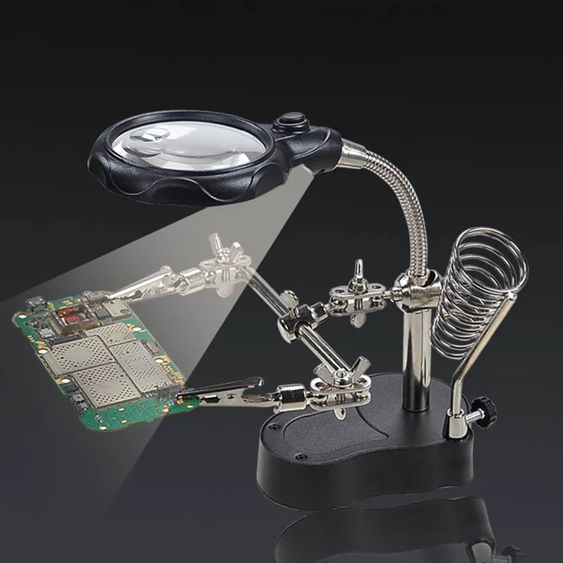 ESPLB 3.5X 12X Helping Hands Third Hand Soldering Iron Welding Stand Station with 2 LED Clip Welding Magnifier Magnifying Glass soldering helping hands