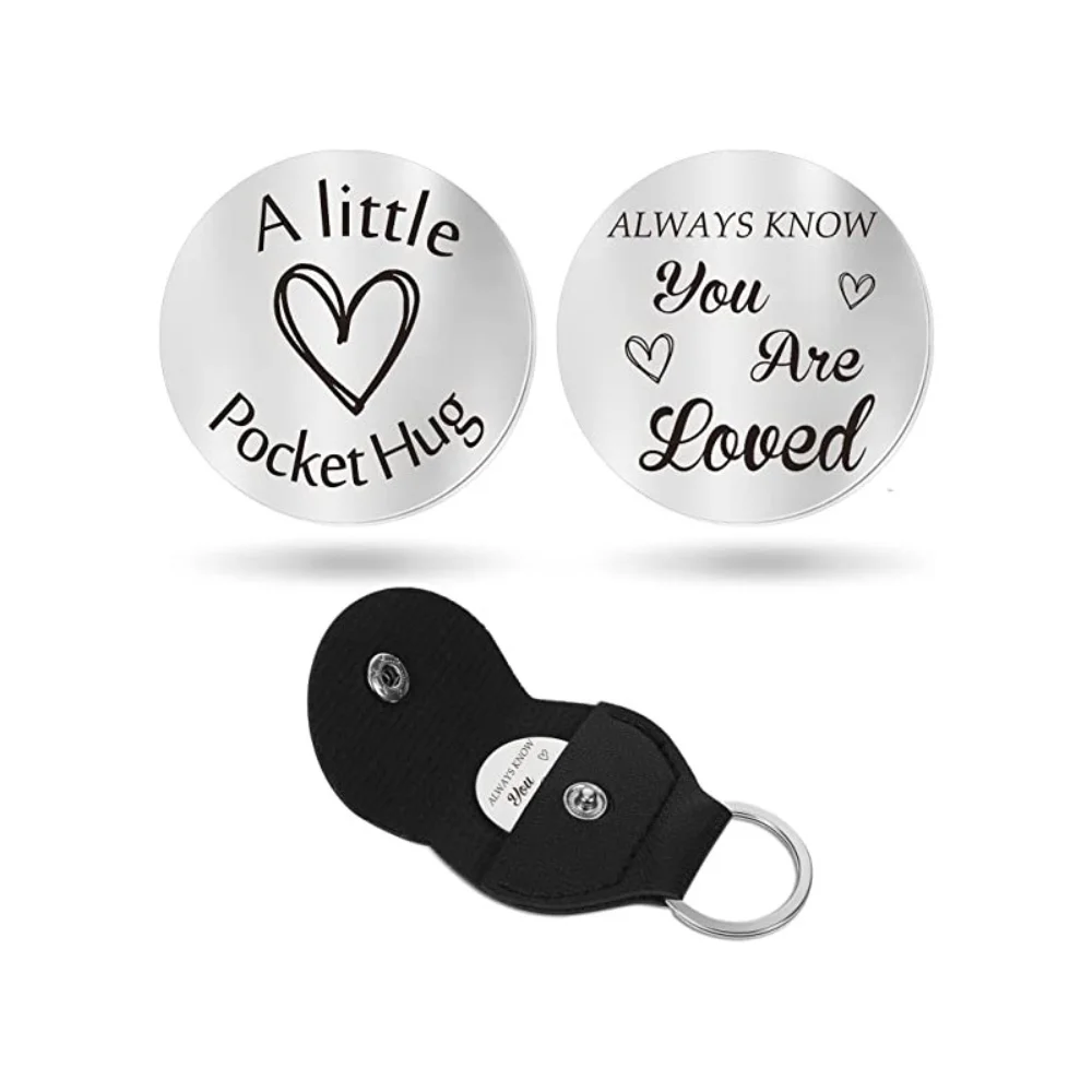 

Pocket Hug Token Long Distance Relationship Keepsake Stainless Steel Double Sided Inspirational Gift with PU Leather Keychain