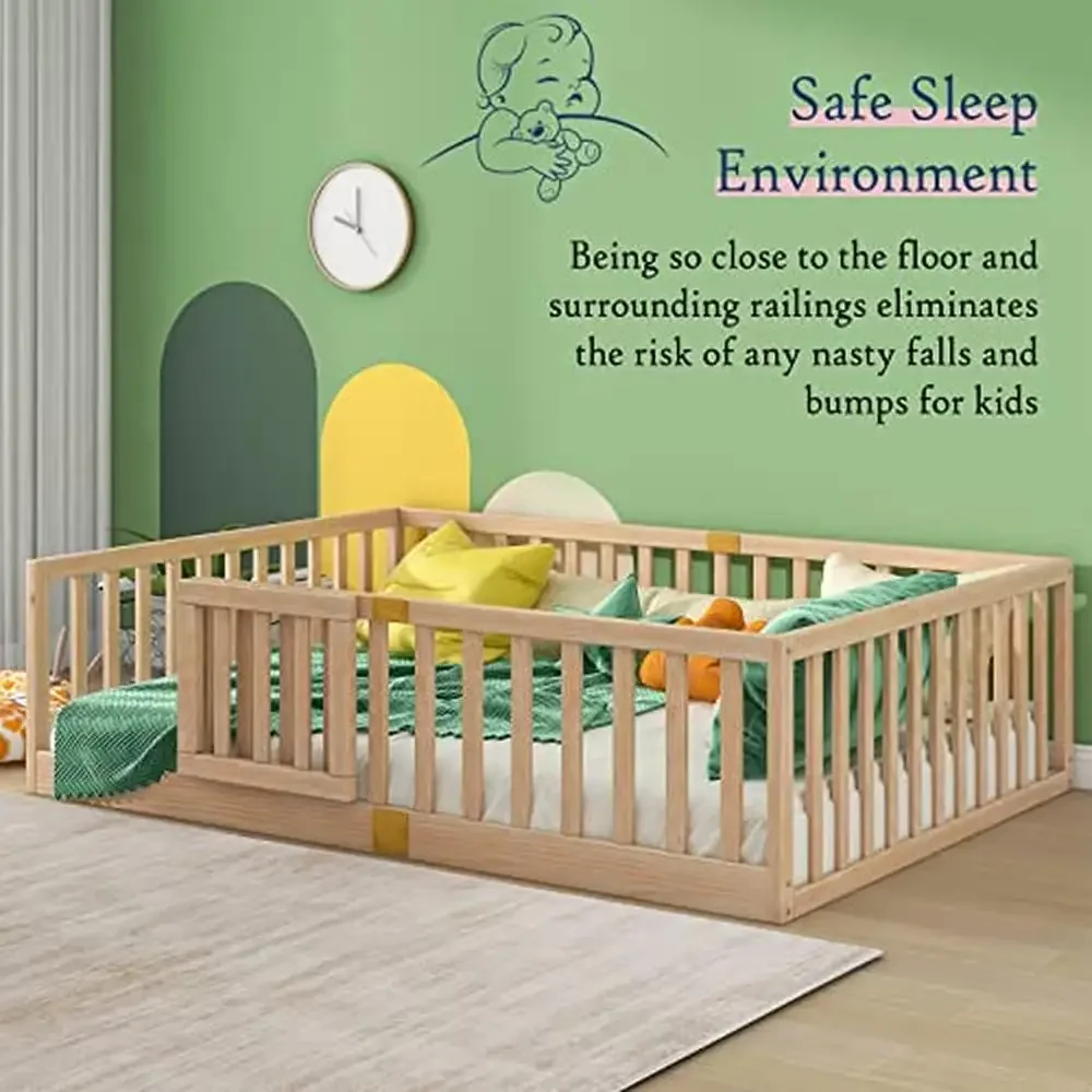 Montessori Full Floor Bed with Safety Guardrails Left/Right Install Door Kids Wood Frame Independent Sleep Space Bedtime Story 3