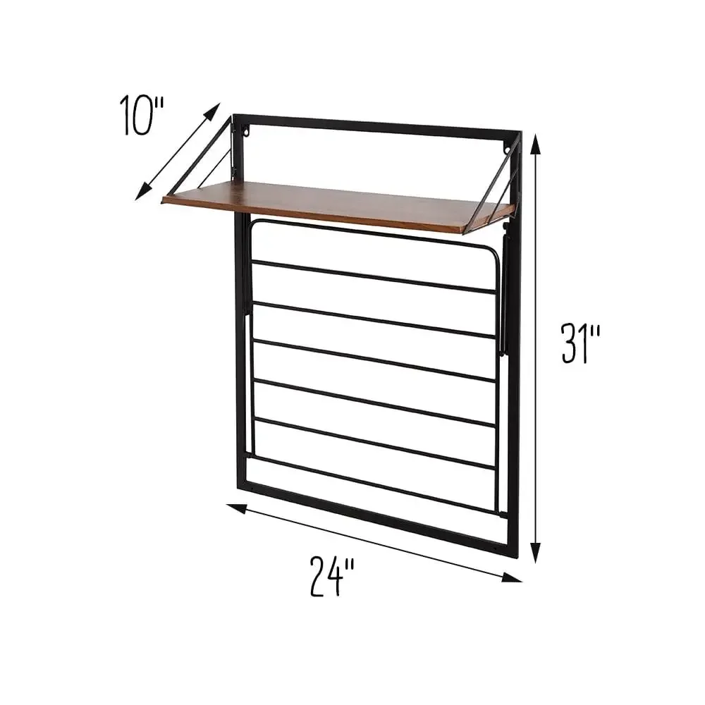 Retractable Steel Wall Mount Drying Rack with Shelf Rust-Resistant Black/Walnut Eco-Friendly Collapsible Laundry Organizer 5