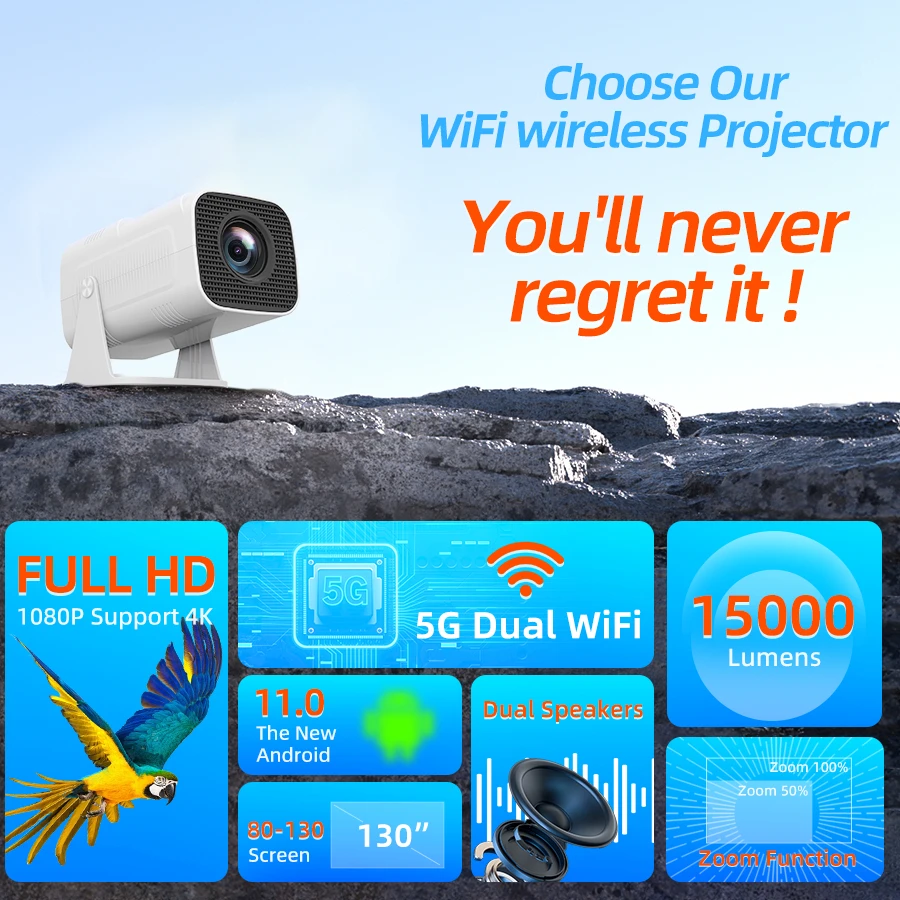 New 5G Portable Home Projector, Supports 1080P, Immersive Home Theater, Suitable for Home/Outdoor/Office, Compatible with U