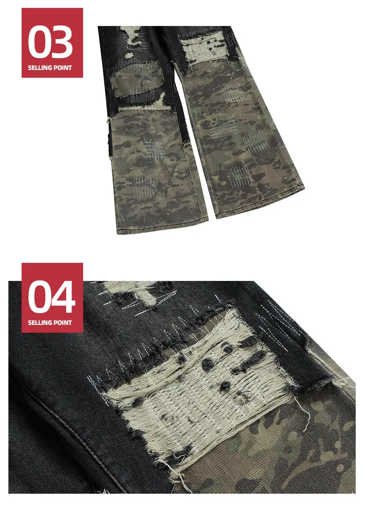 MIJKO Jeans Men's and Women's Camouflage Patchwork Washed Hole Design Jeans 2025ss 5