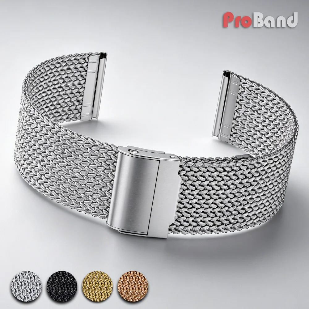 Mesh Milanese Loop Stainless Steel Watch Band with Double Press Folding Buckle